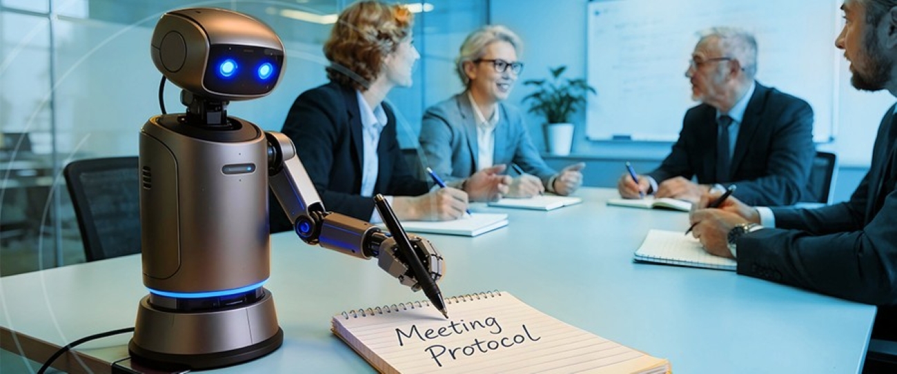 Meeting Protokoll mit KI erstellen, zwei Frauen und zwei Männer haben ein gemeinsames Meeting, im Vordergrund ist ein Roboter zu sehen, der auf einen Block das Wort „Meeting Protocol" schreibt